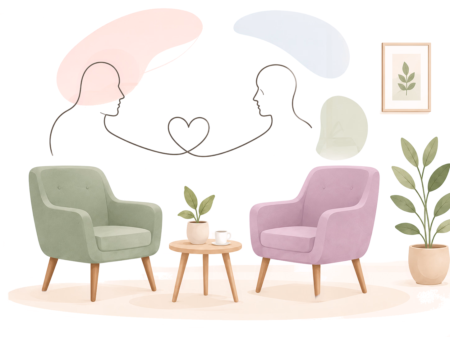 Ilustración de dos sillones frente a frente en un espacio sereno